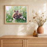 Rabbit and Oxeye Daisy artwork displayed in a warm interior