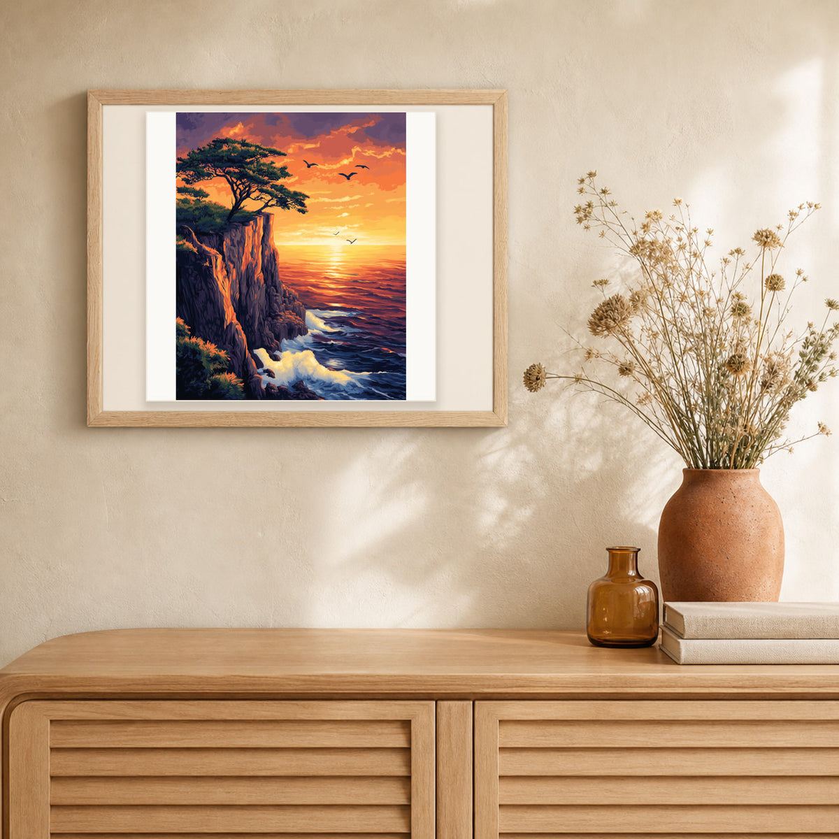 Cliff Sunset artwork displayed in a warm interior