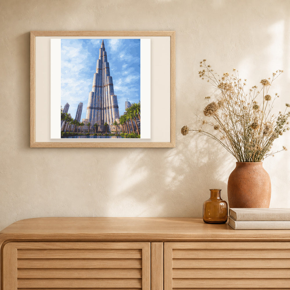 Burj Khalifa artwork displayed in a warm interior