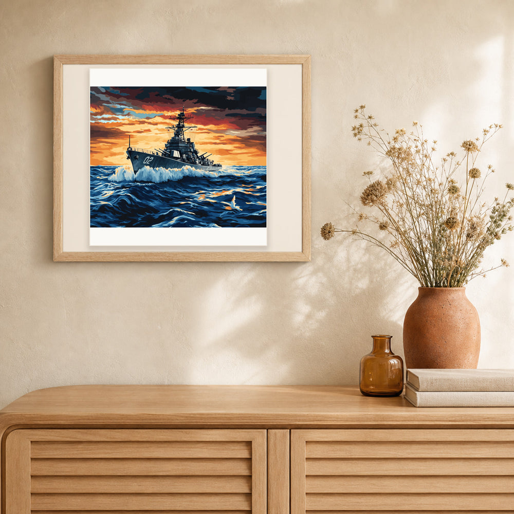 Navy Battleship artwork displayed in a warm interior