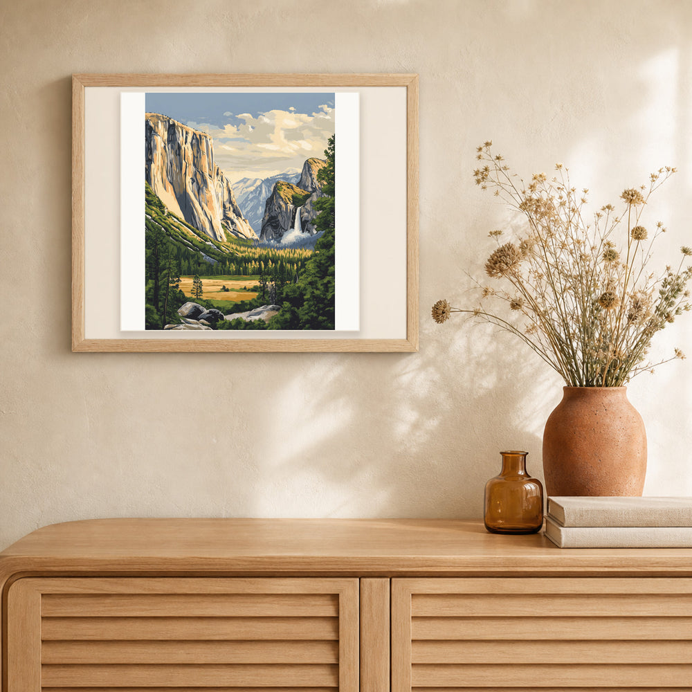 Yosemite Valley artwork displayed in a warm interior