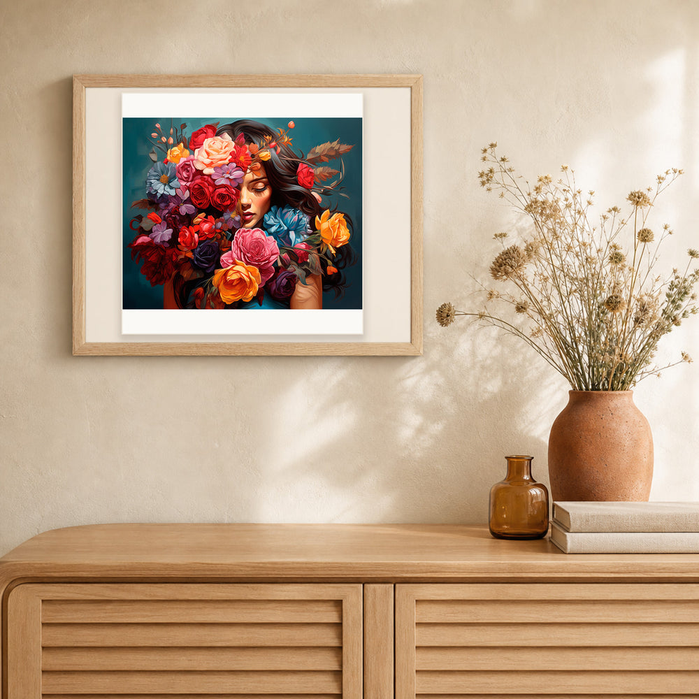 Floral Embrace artwork displayed in a warm interior