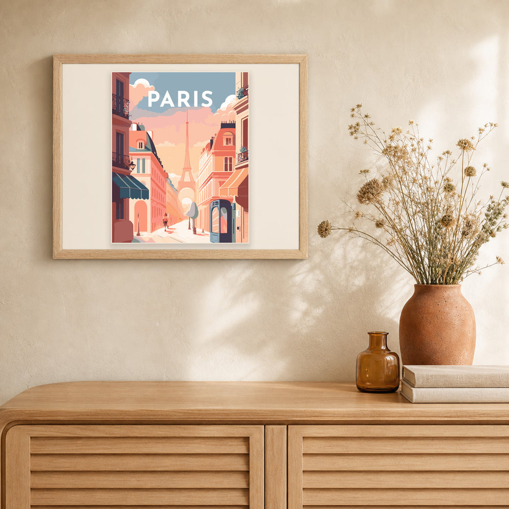 Travel Poster Paris artwork displayed in a warm interior