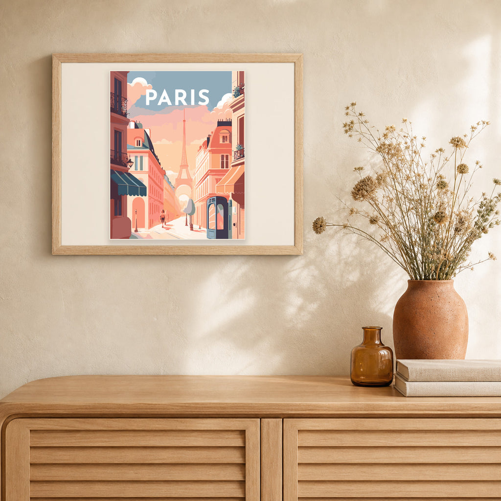 Travel Poster Paris artwork displayed in a warm interior