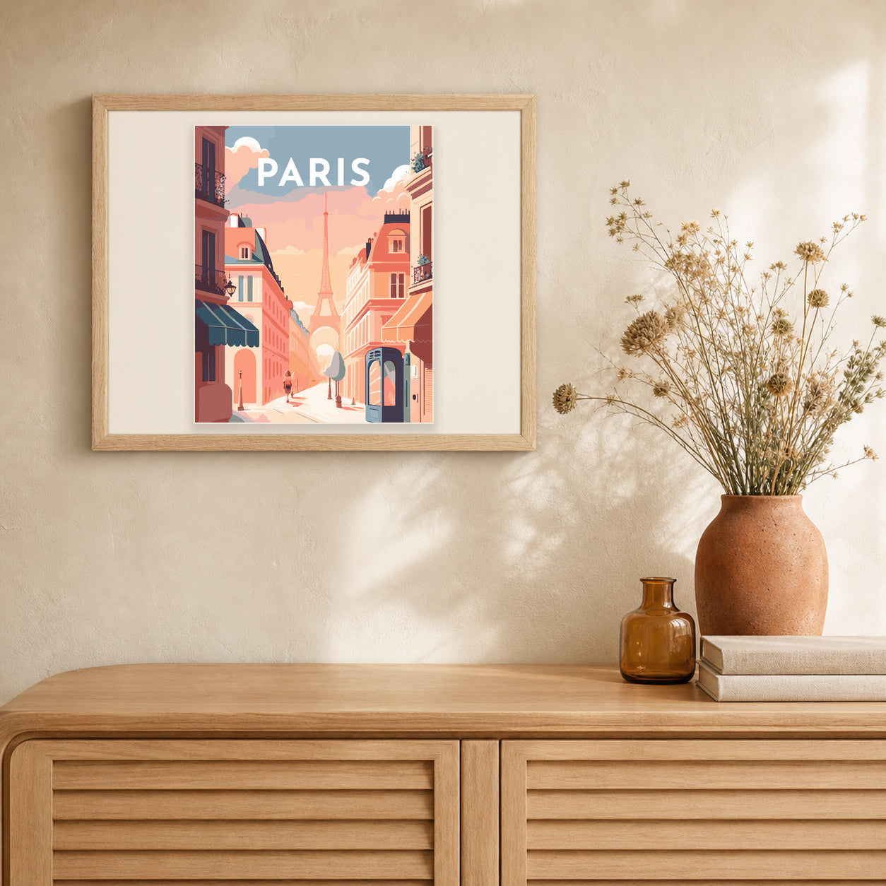 Travel Poster Paris artwork displayed in a warm interior