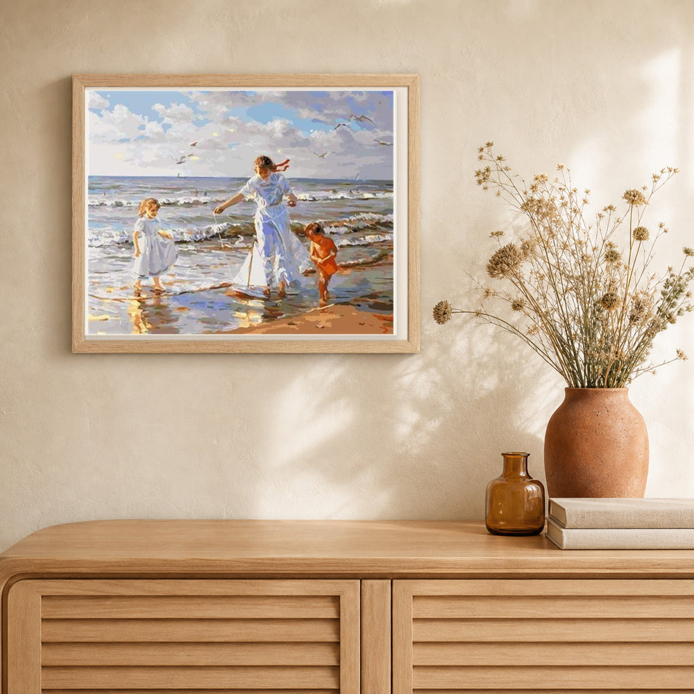 Beach Play artwork displayed in a warm interior