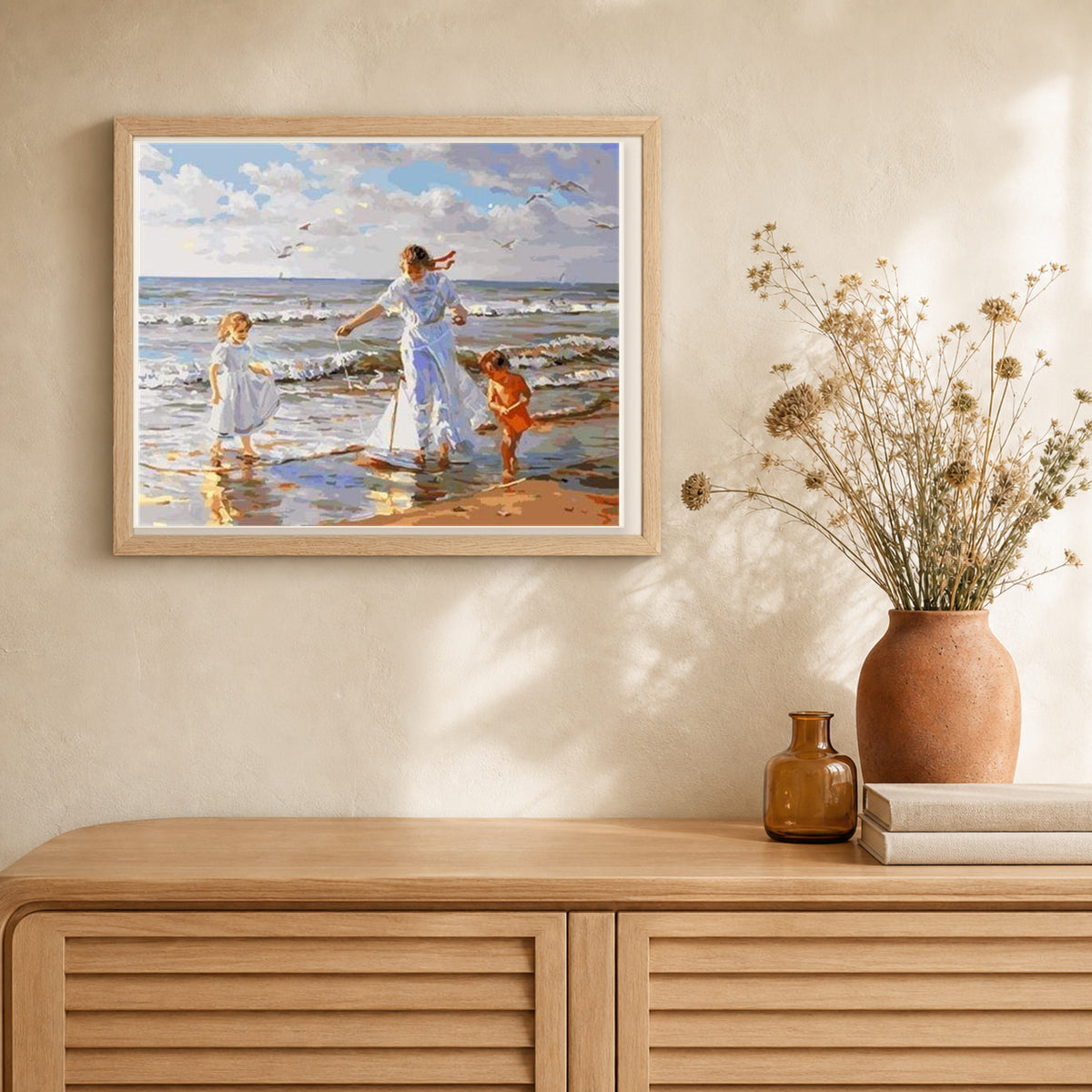 Beach Play artwork displayed in a warm interior