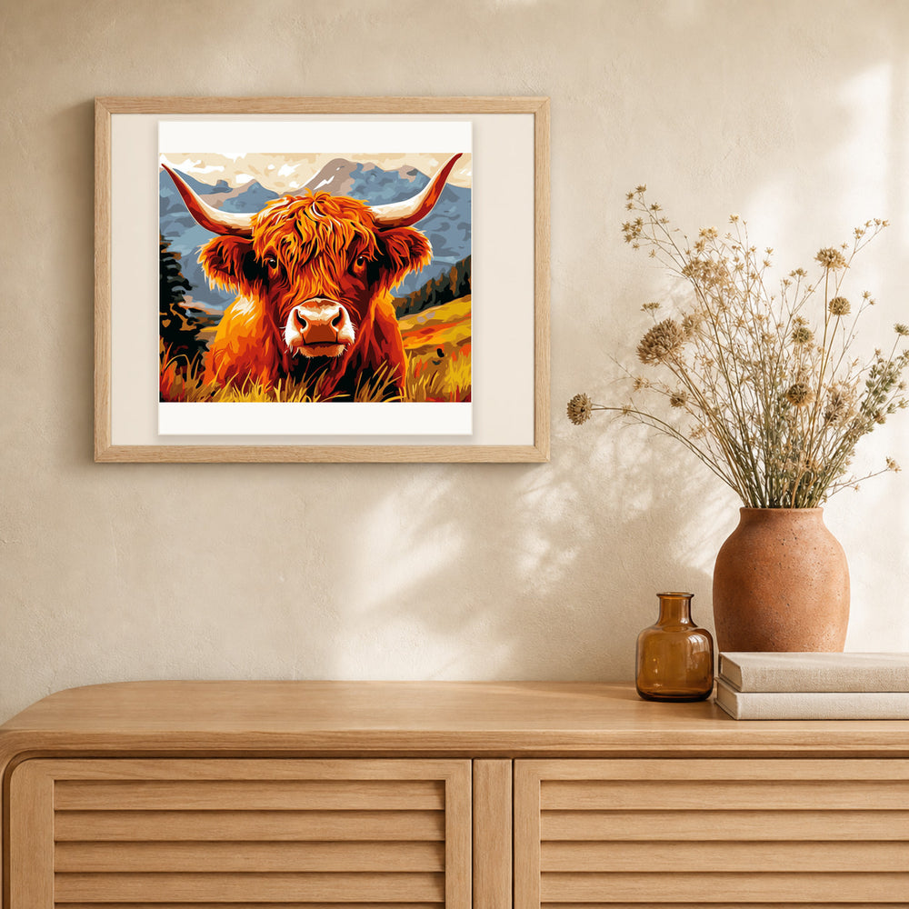 Golden Highland artwork displayed in a warm interior