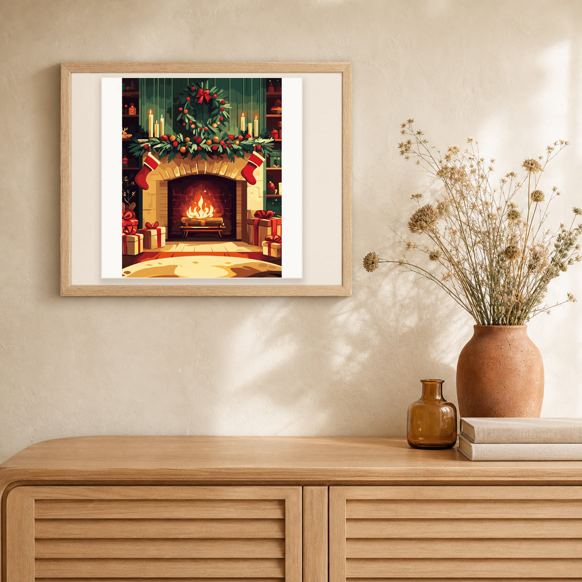 Fireside Christmas artwork displayed in a warm interior