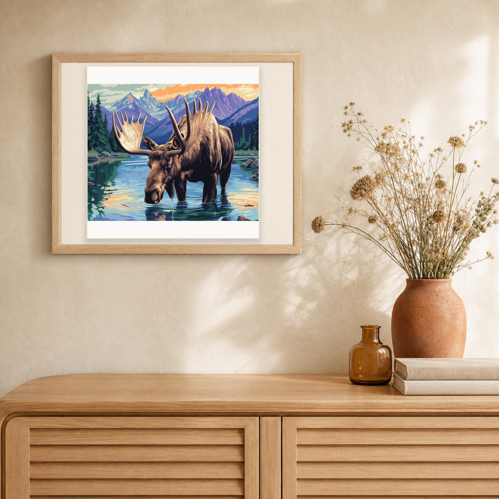 Moose Landscape artwork displayed in a warm interior