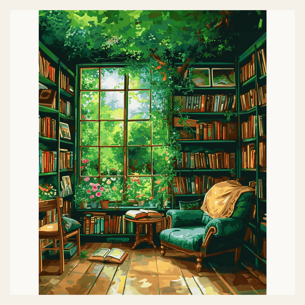 Verdant Book Nook finished paint by numbers artwork