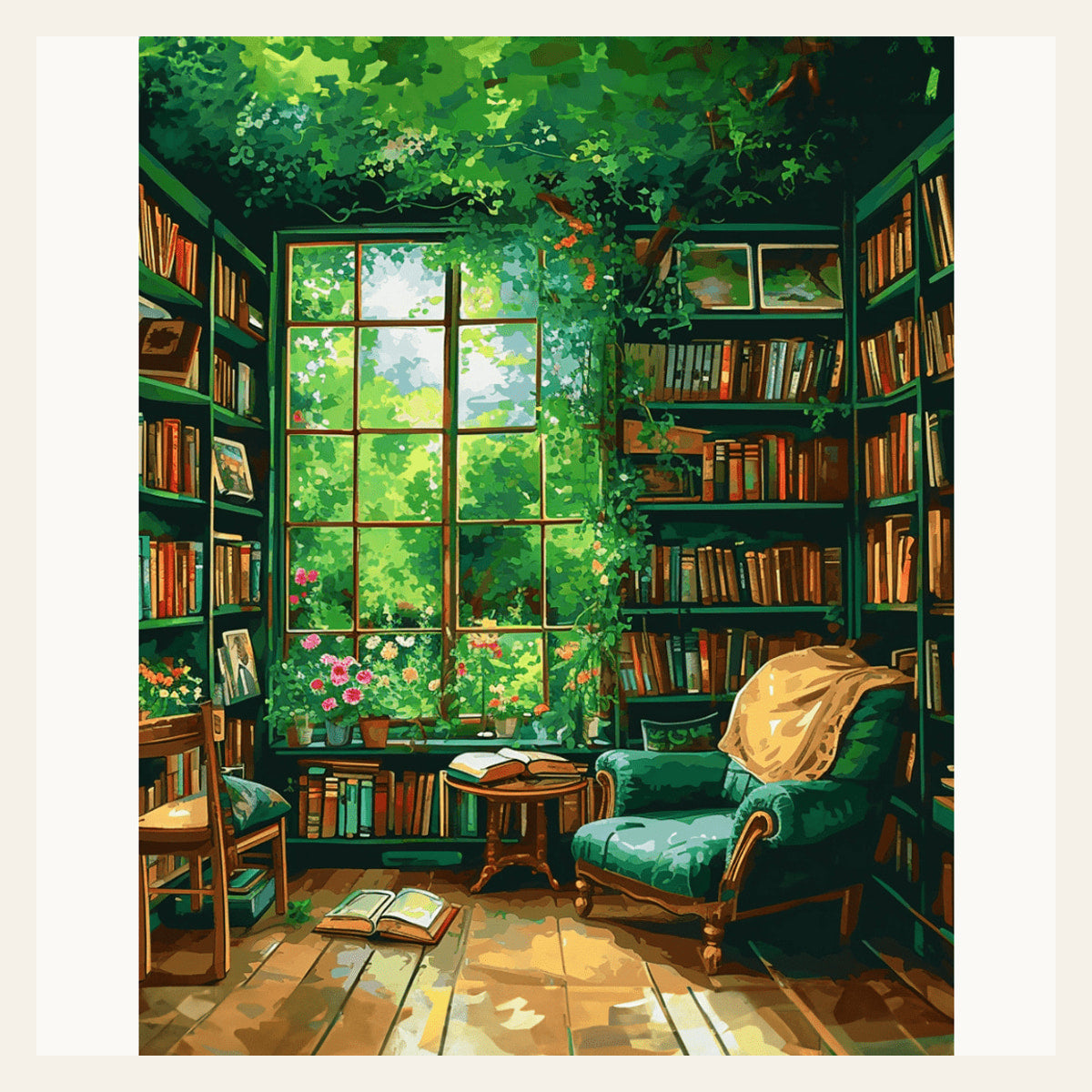 Verdant Book Nook finished paint by numbers artwork
