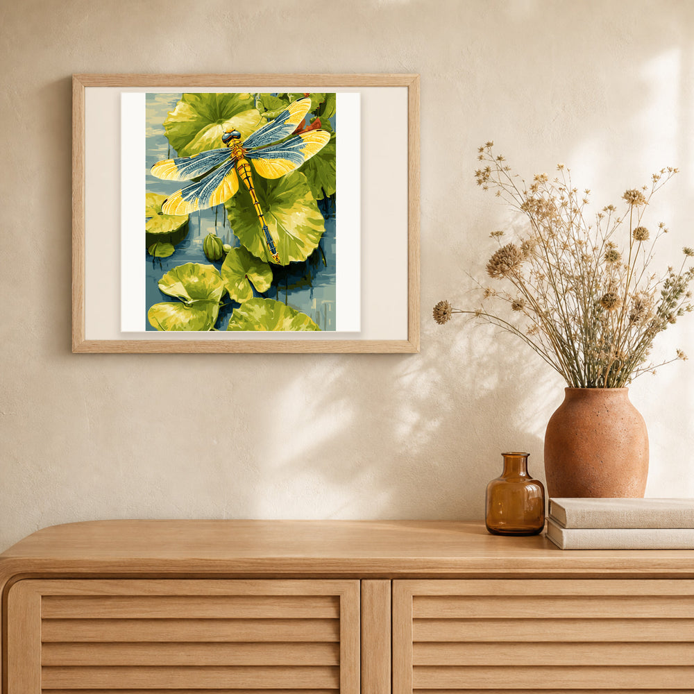 Dragonfly Lily artwork displayed in a warm interior