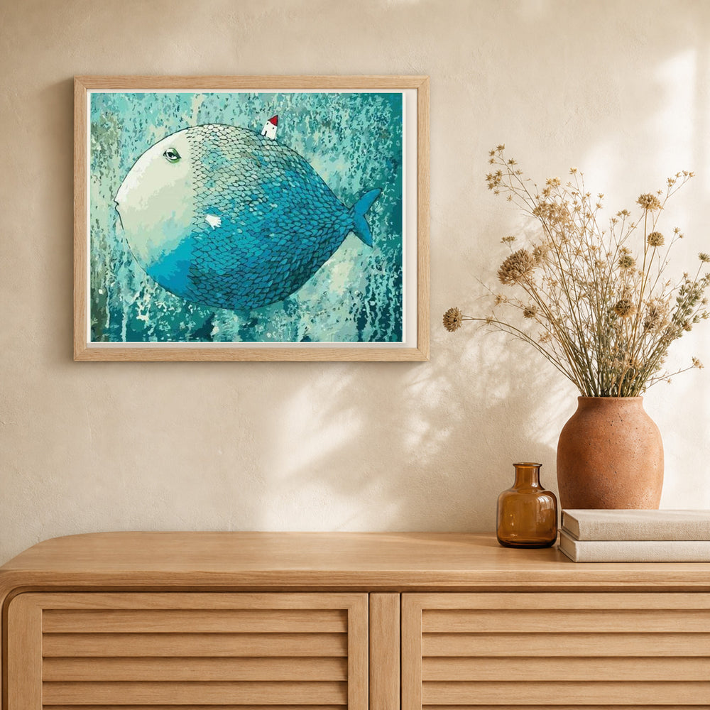 Artistic Fish artwork displayed in a warm interior