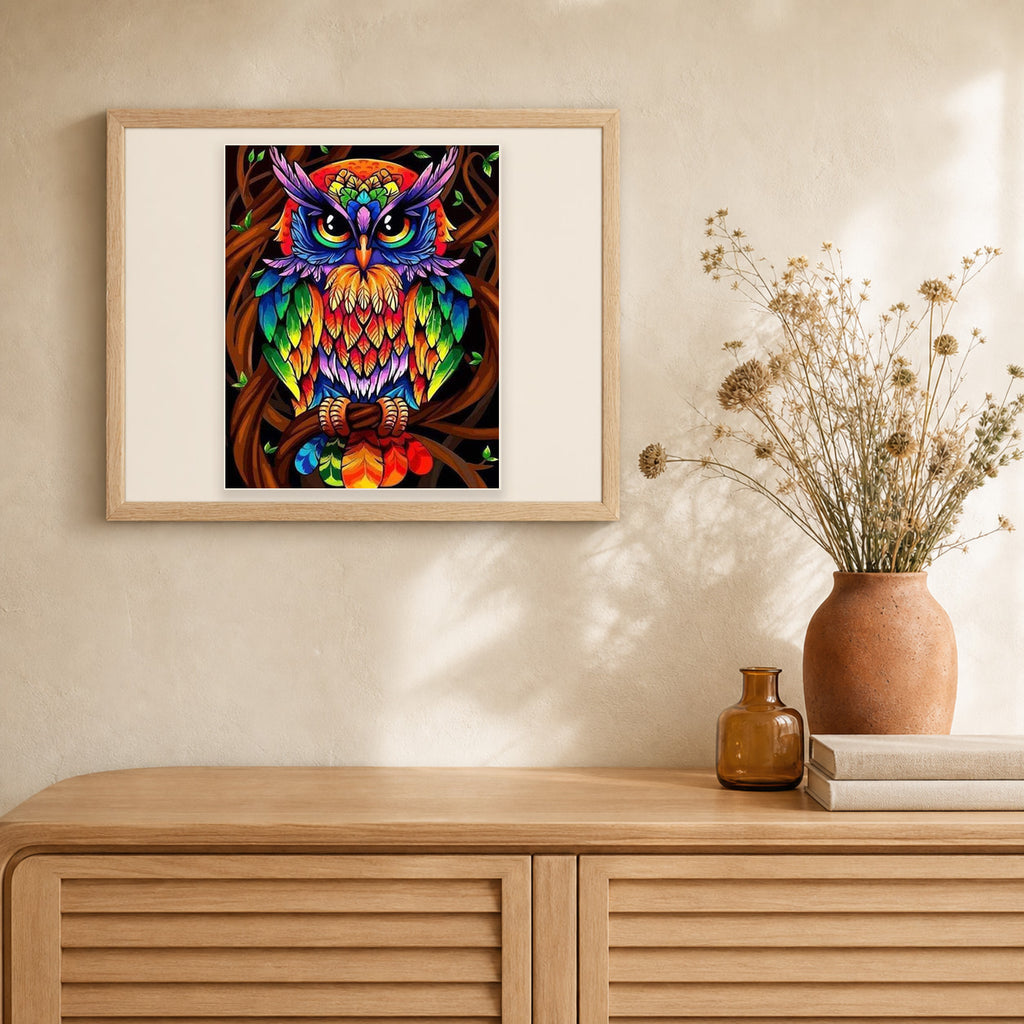 Colorful Owl artwork displayed in a warm interior
