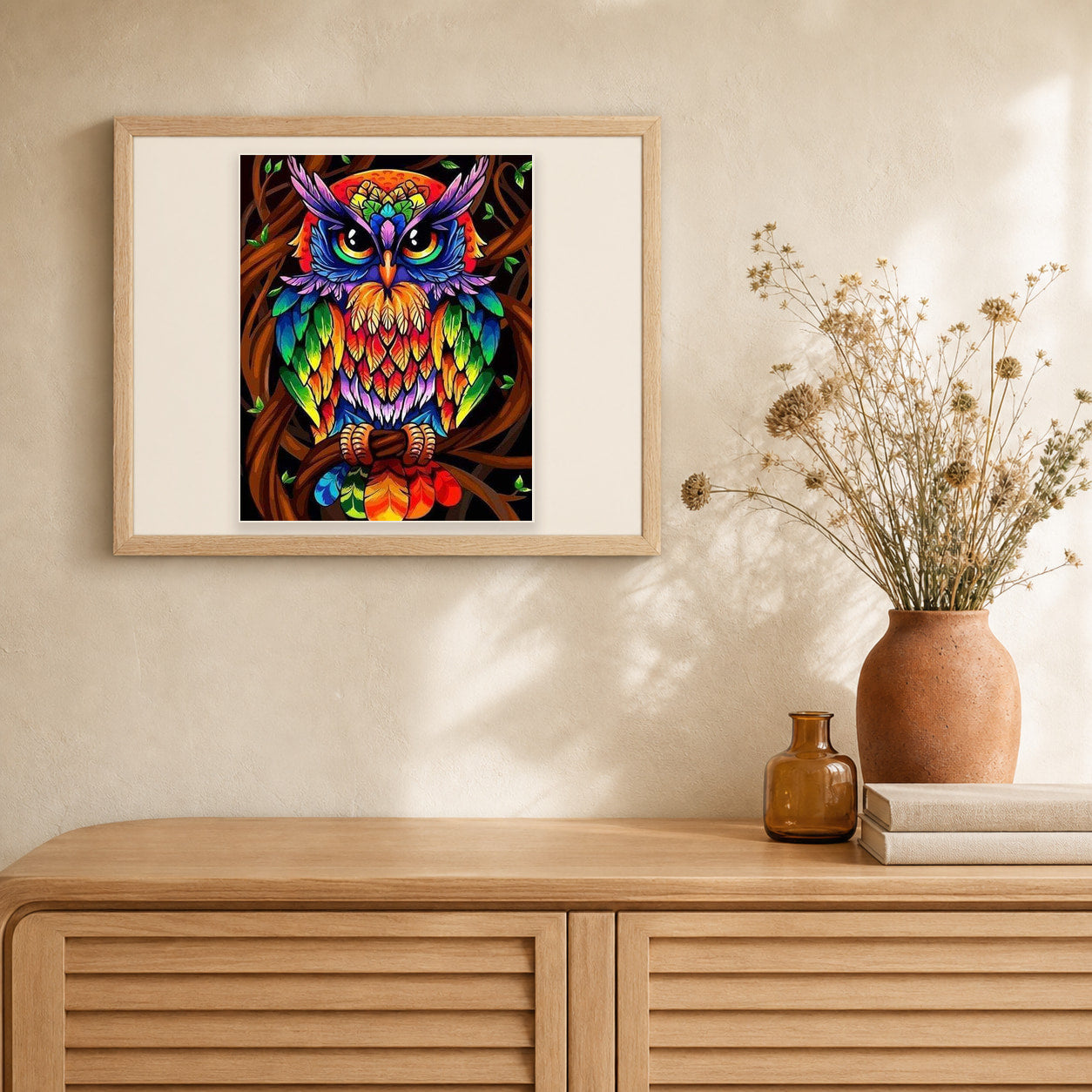 Colorful Owl artwork displayed in a warm interior