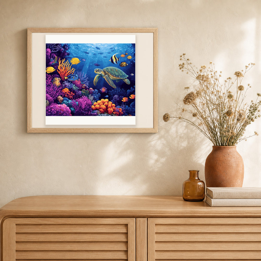 Coral Reef Life artwork displayed in a warm interior