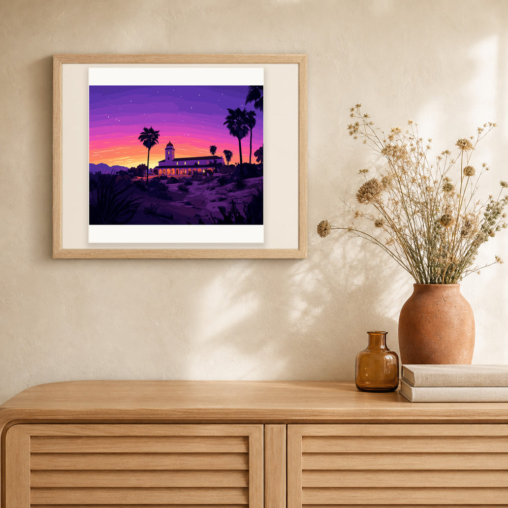 California Hotel at Sunset artwork displayed in a warm interior
