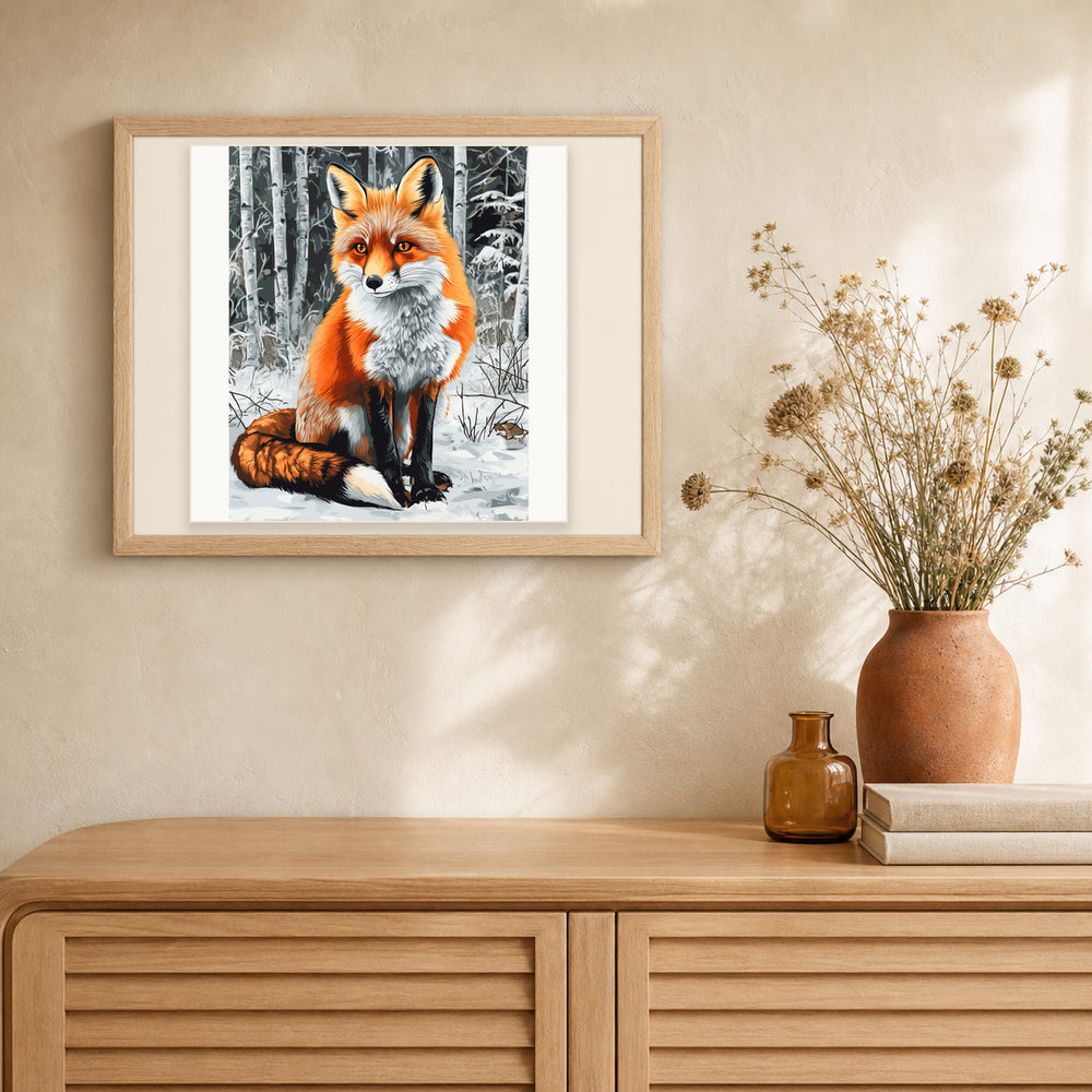 Fox in WInter artwork displayed in a warm interior
