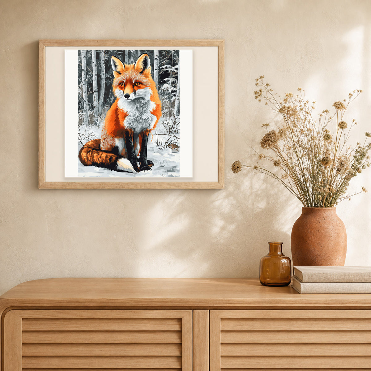 Fox in WInter artwork displayed in a warm interior