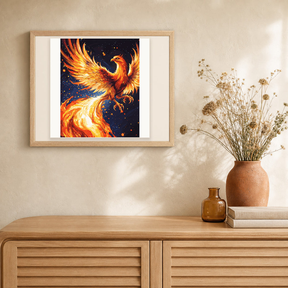 Blazing Phoenix artwork displayed in a warm interior