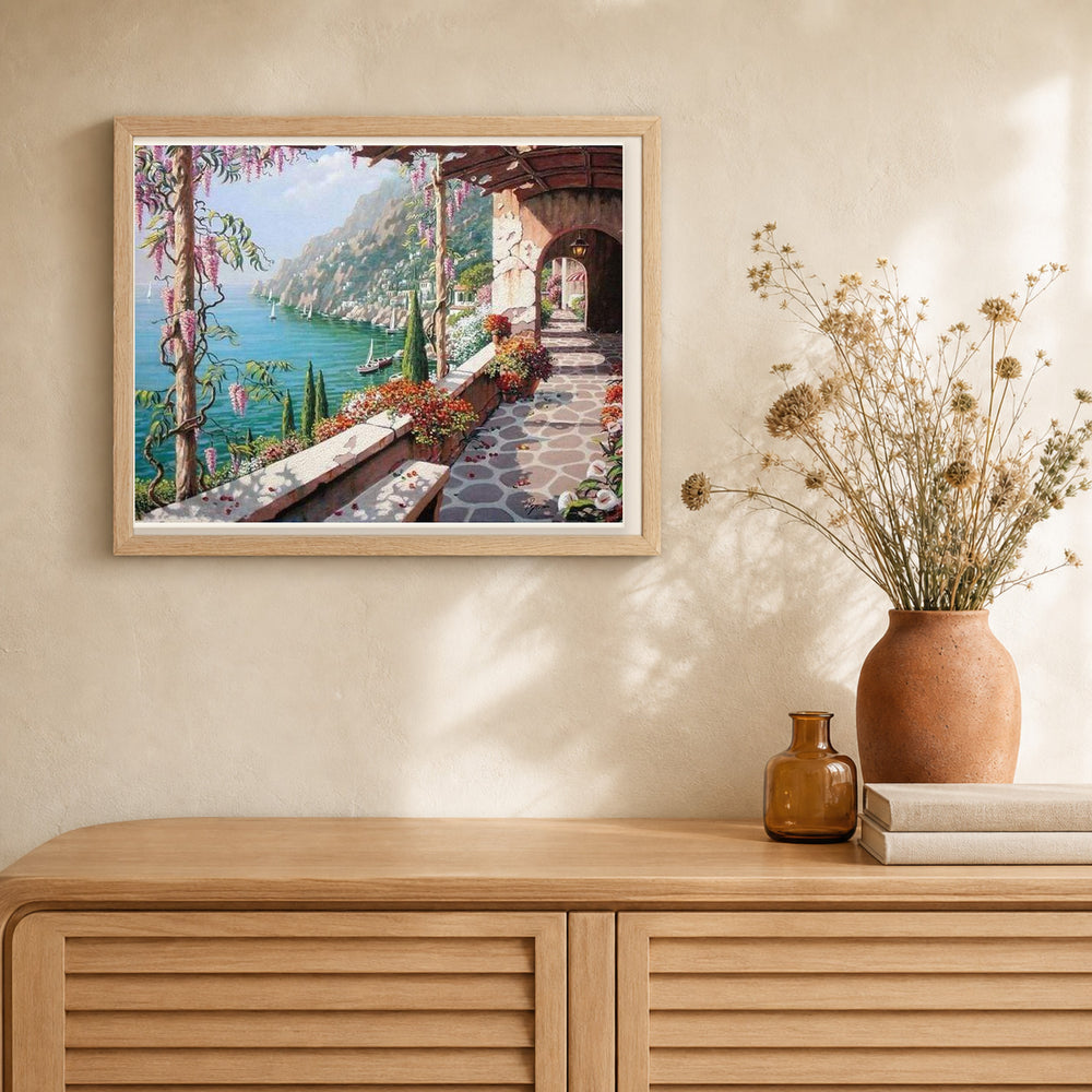 Sea View from the Patio artwork displayed in a warm interior
