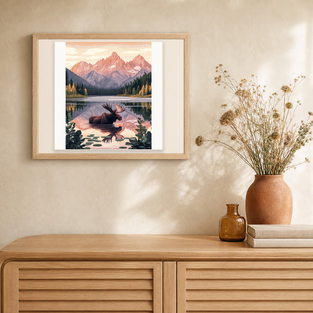 Moose Lake artwork displayed in a warm interior