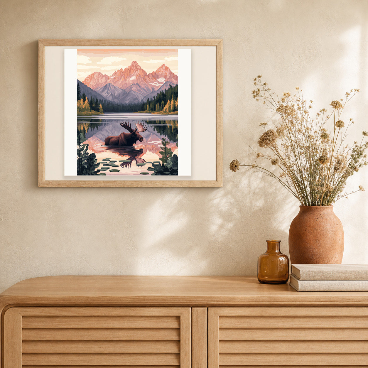 Moose Lake artwork displayed in a warm interior