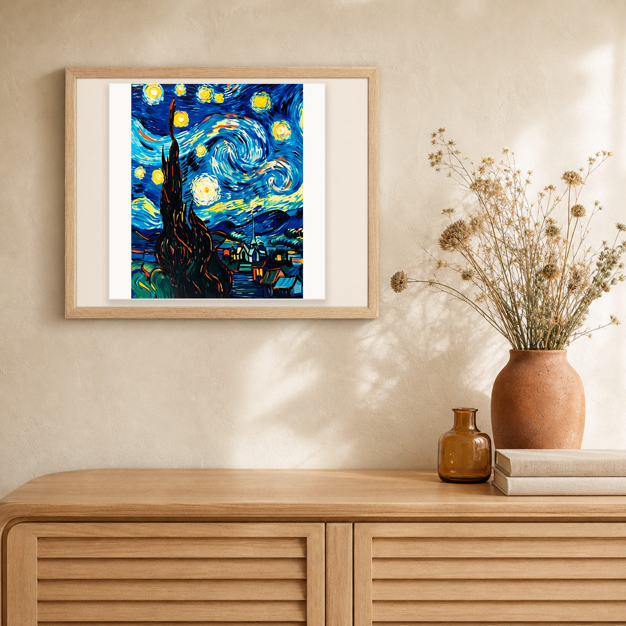 Whirling Night Skies artwork displayed in a warm interior