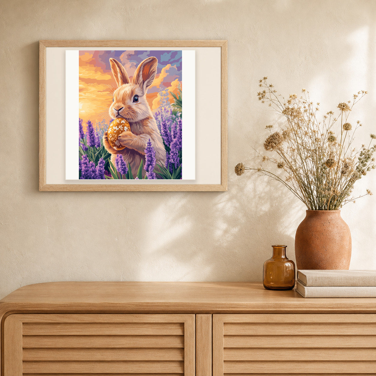 Easter Bunny's Duty artwork displayed in a warm interior