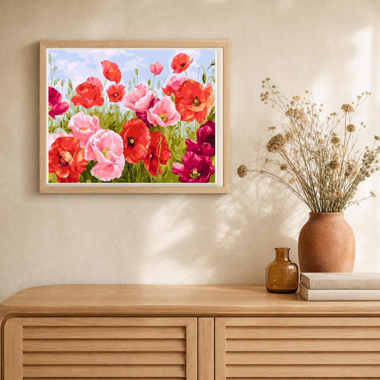 Common Poppy artwork displayed in a warm interior