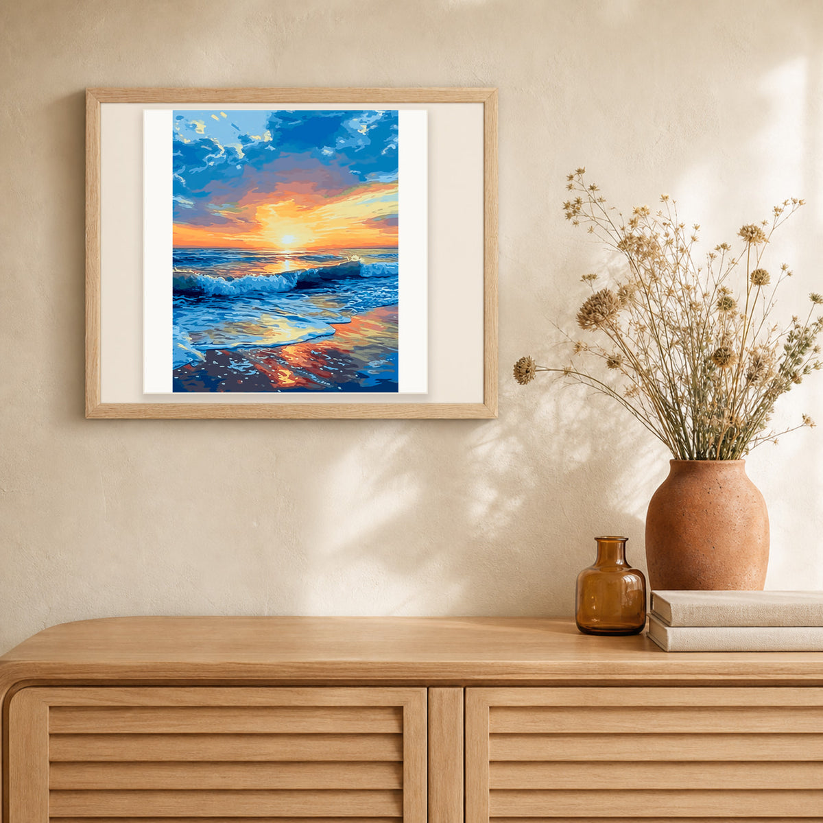 Seaside Dusk artwork displayed in a warm interior