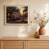 Tram station artwork displayed in a warm interior