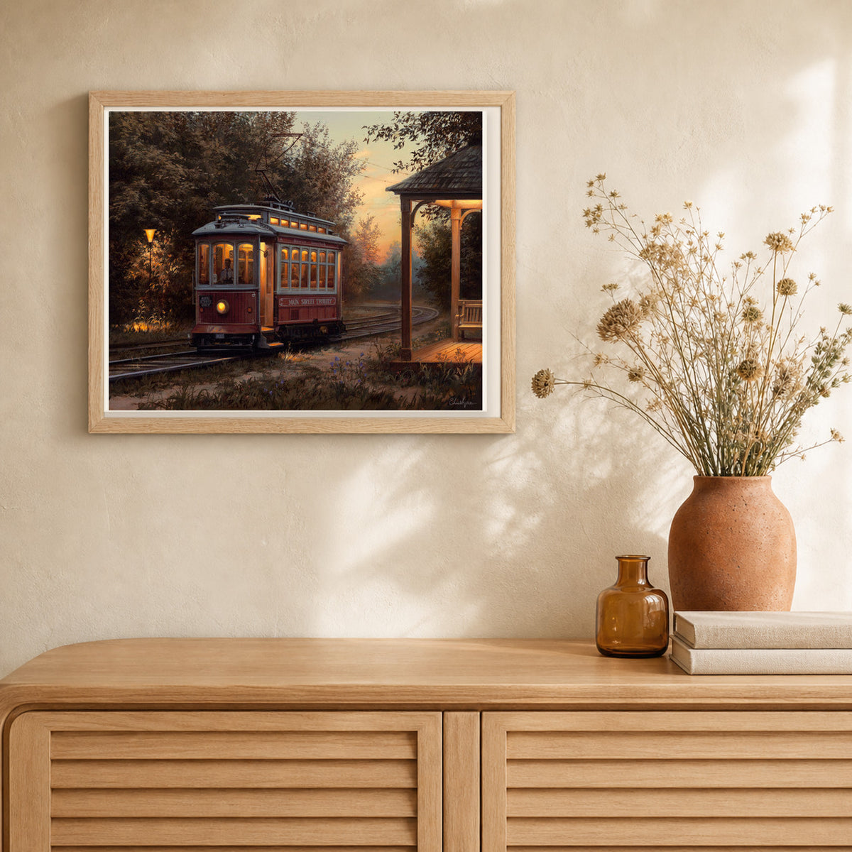 Tram station artwork displayed in a warm interior