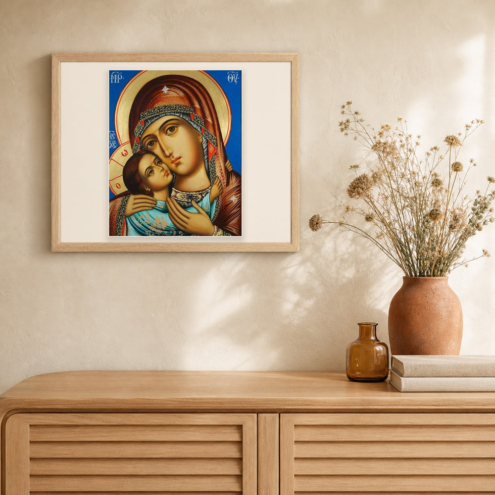 Virgin and Child Painting artwork displayed in a warm interior