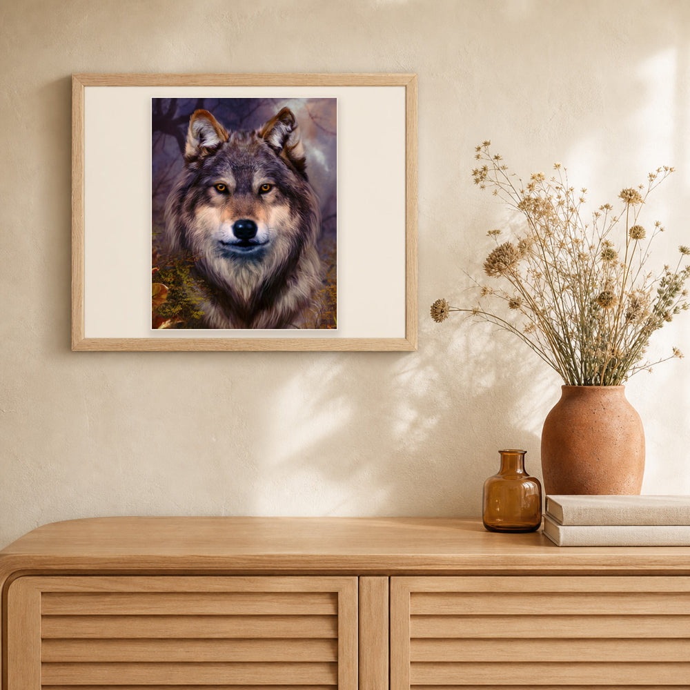 Wolf Portrait artwork displayed in a warm interior