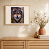 Wolf Portrait artwork displayed in a warm interior
