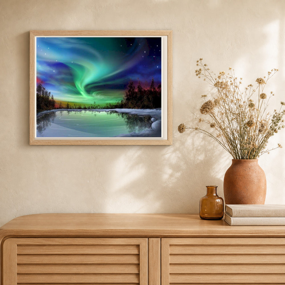 Aurora borealis and Lake artwork displayed in a warm interior