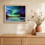 Aurora borealis and Lake artwork displayed in a warm interior