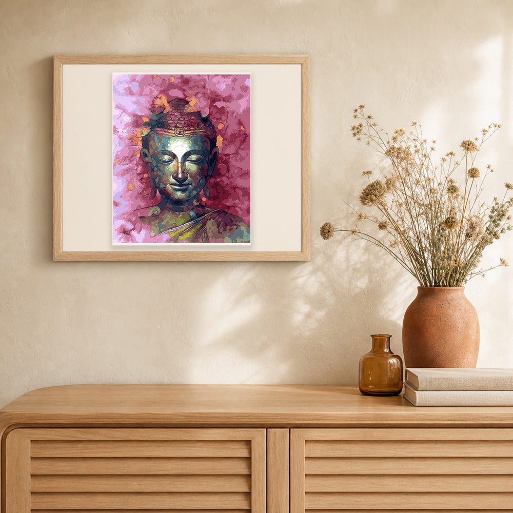 Painted Buddha artwork displayed in a warm interior