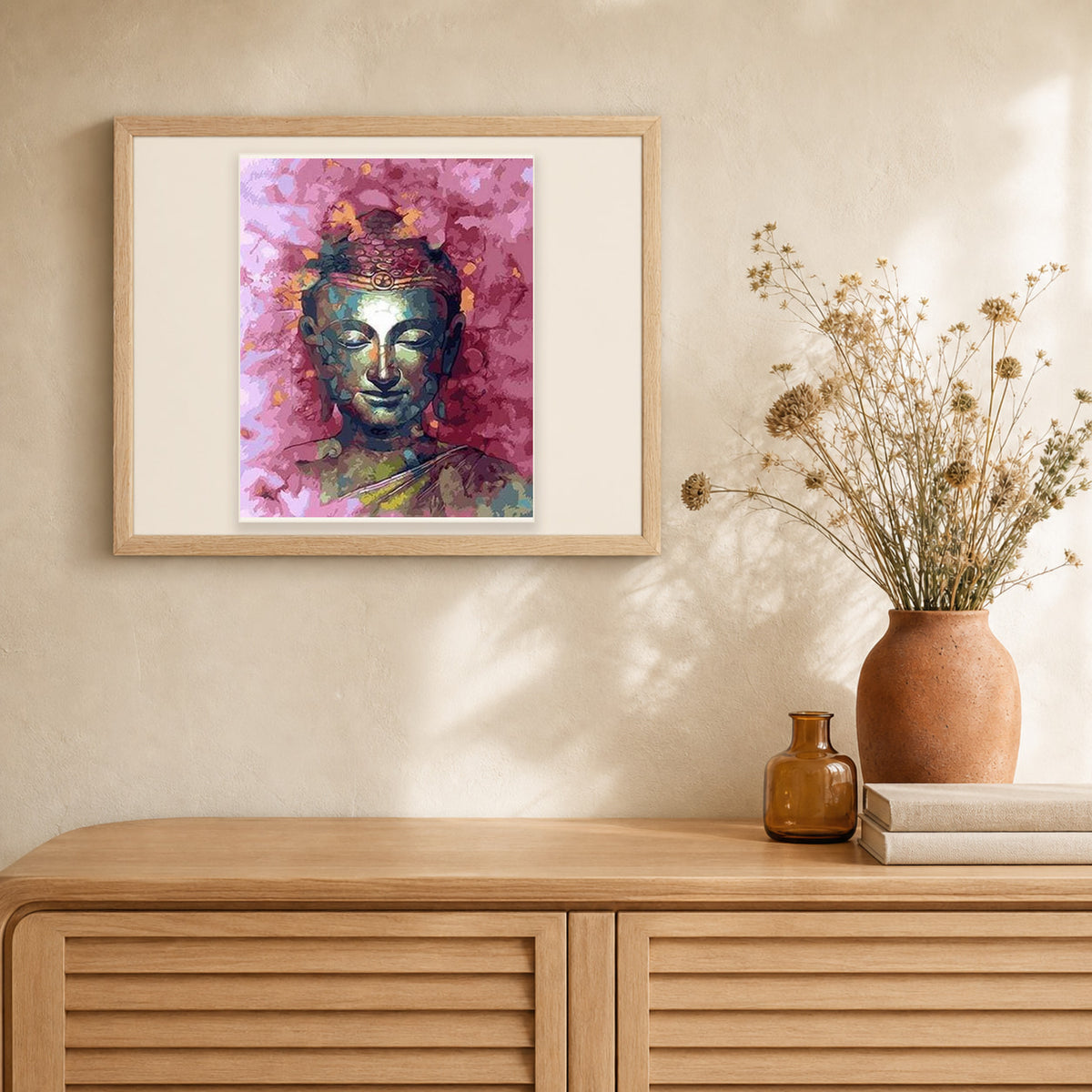 Painted Buddha artwork displayed in a warm interior