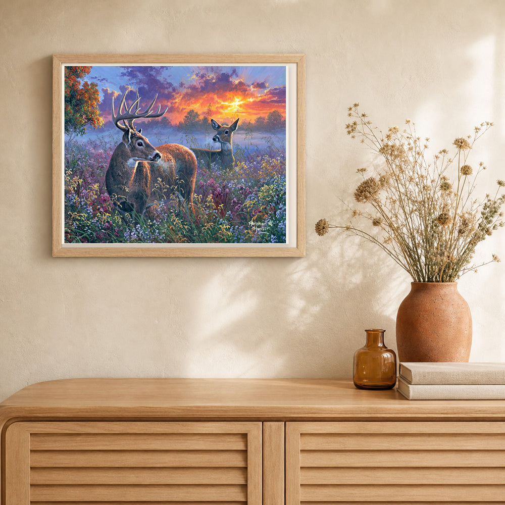 Deer couple artwork displayed in a warm interior