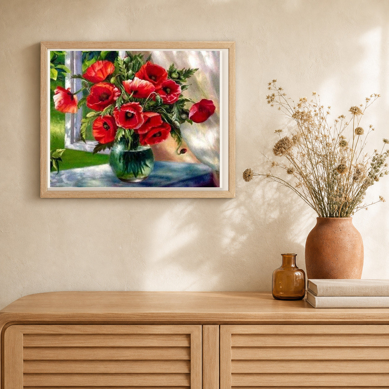 Bouquet of Red Flowers artwork displayed in a warm interior