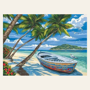 Boat under Coconut Trees finished paint by numbers artwork