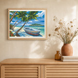Boat under Coconut Trees artwork displayed in a warm interior