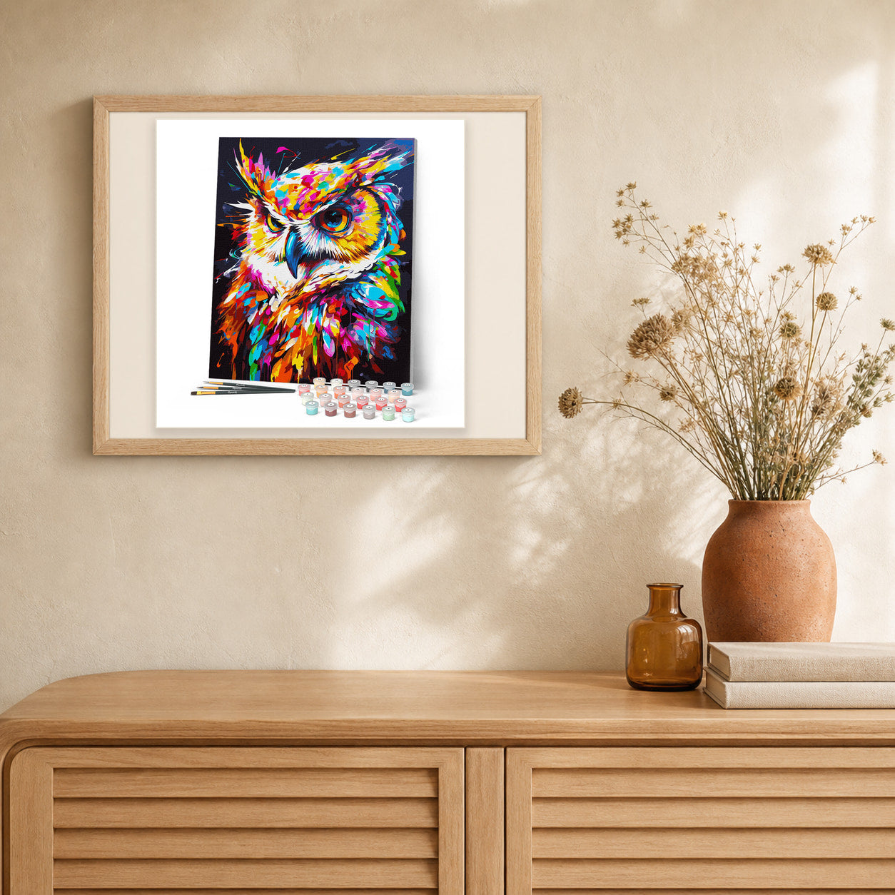 Colorful Abstract Owl artwork displayed in a warm interior