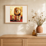 Lion and cub artwork displayed in a warm interior
