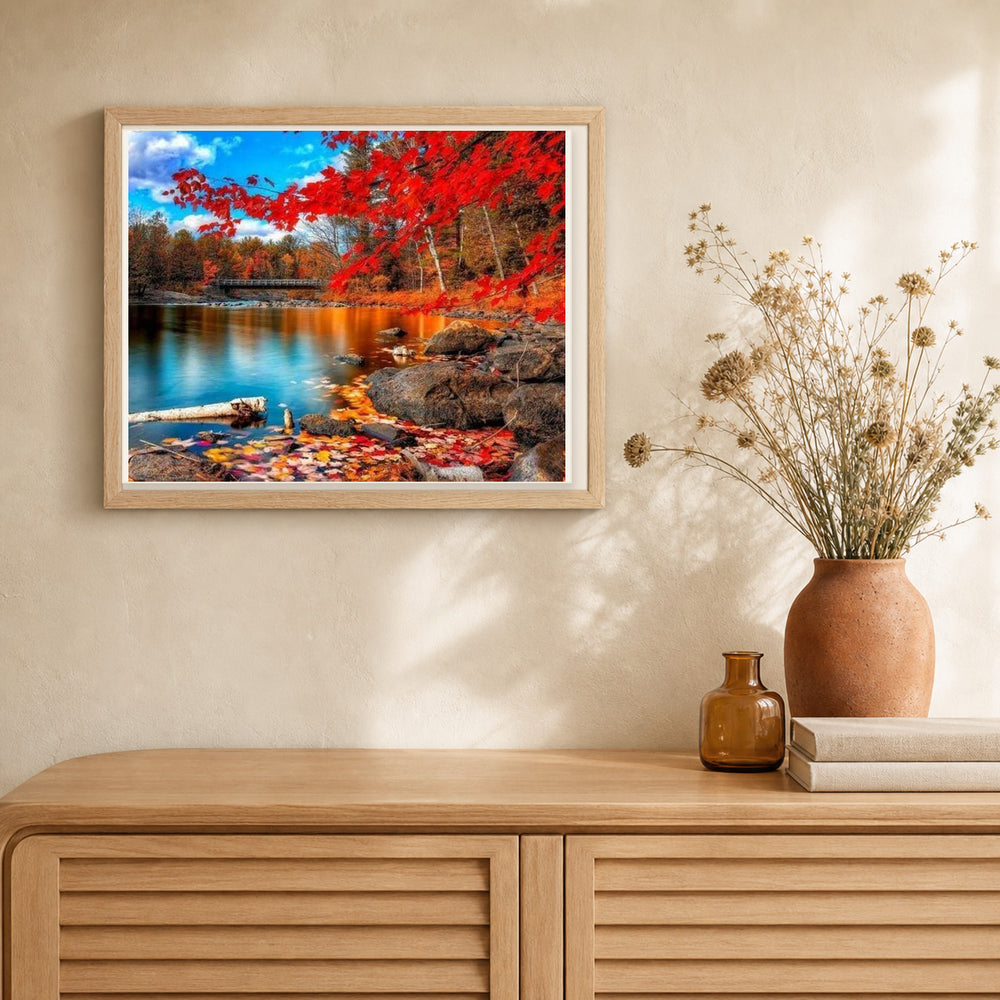 River and Autumn Forest artwork displayed in a warm interior