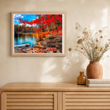 River and Autumn Forest artwork displayed in a warm interior