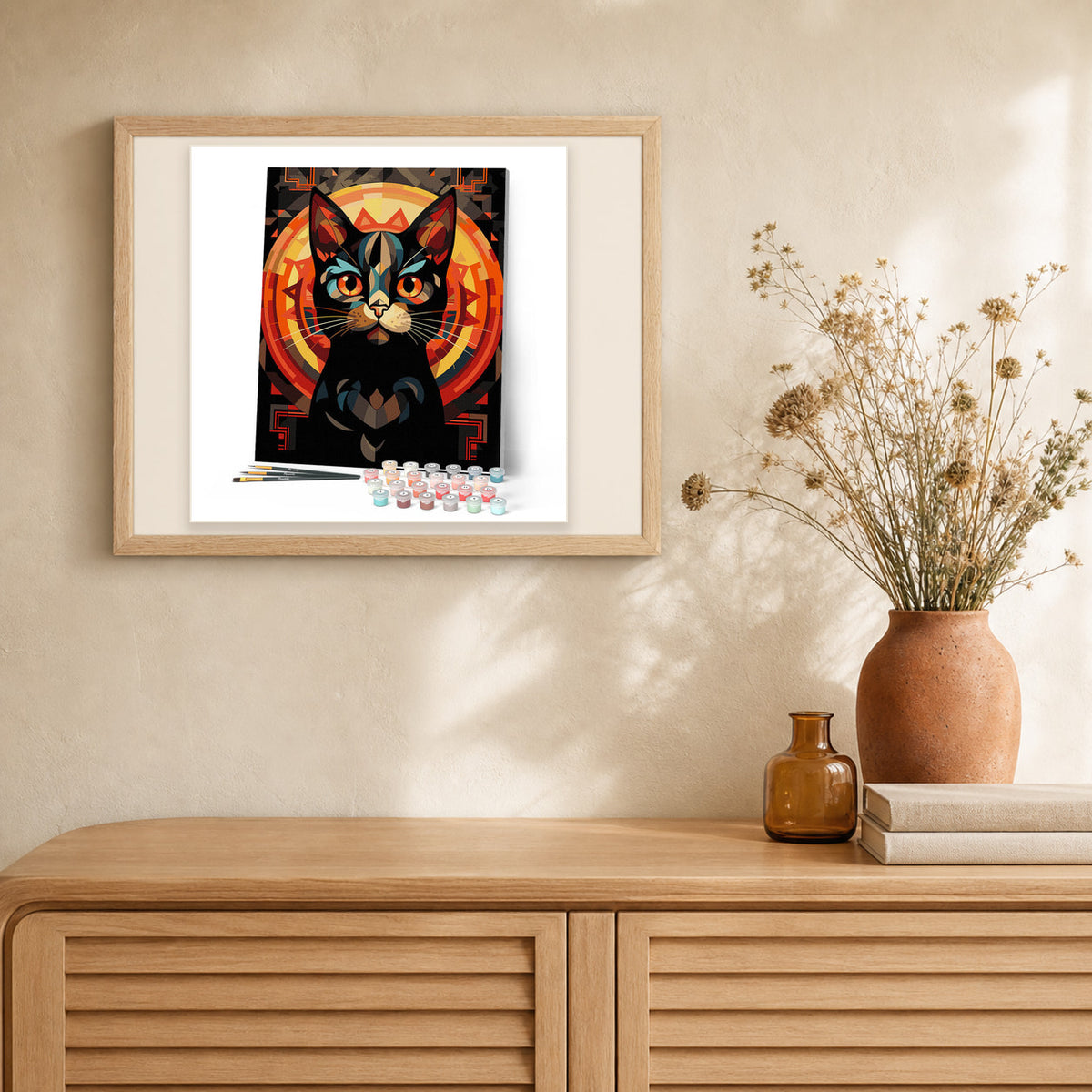 Art Deco Black Cat artwork displayed in a warm interior
